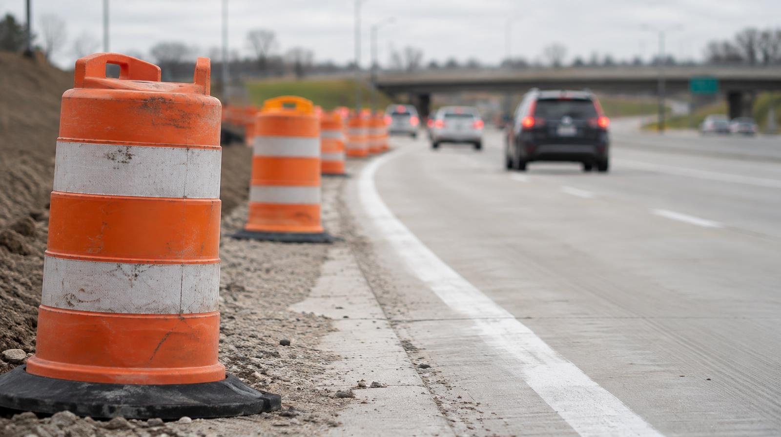 A highway on-ramp with fresh pavement and orange construction barrels along the shoulder.