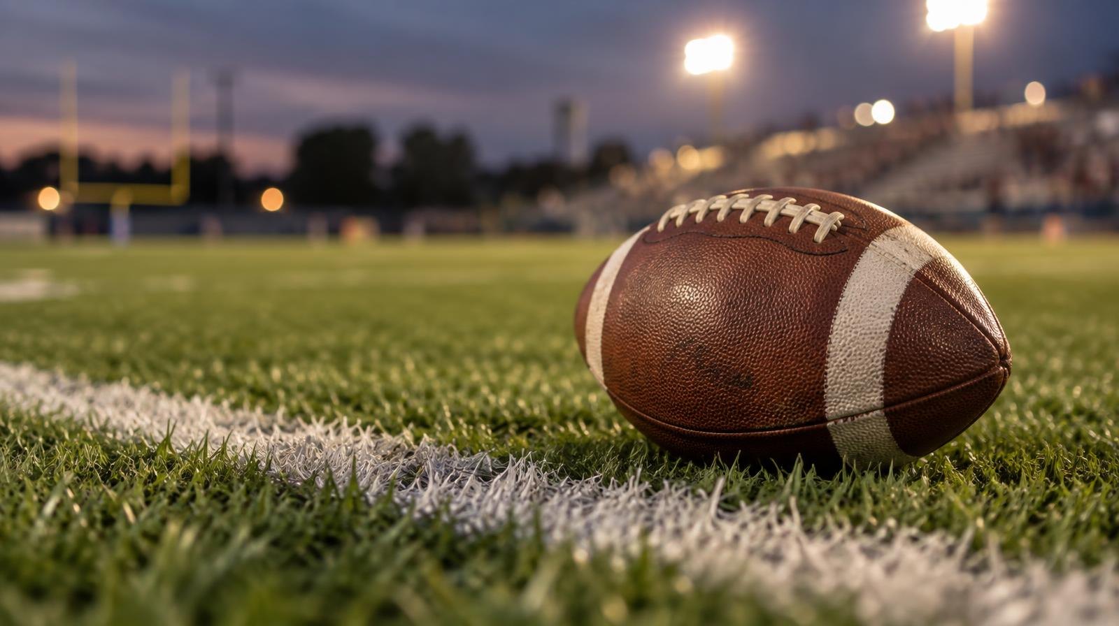 An American football resting on green grass beside a white painted yard line under stadium lights.
