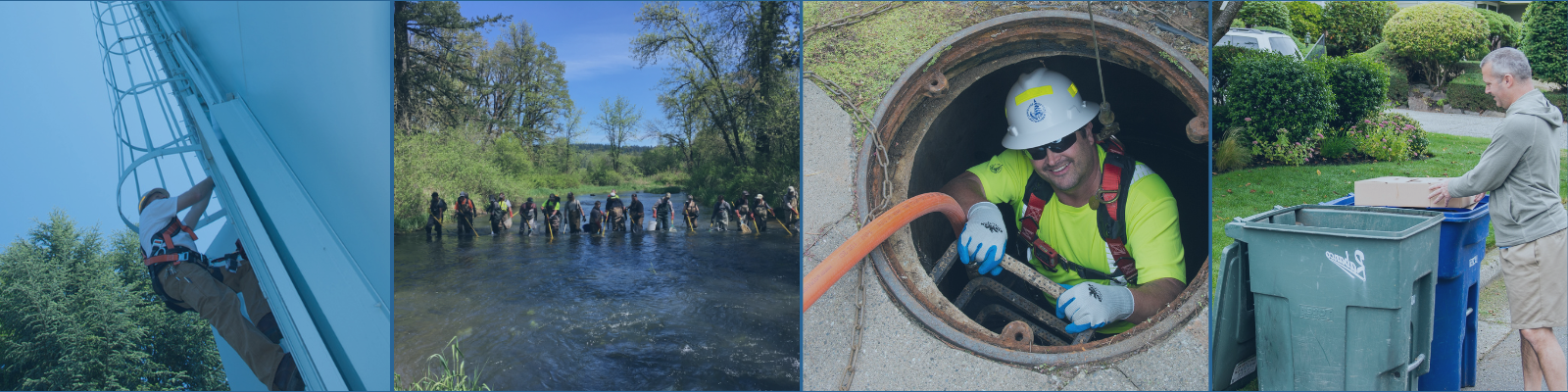 Collage of four utility workers performing field infrastructure tasks outdoors and underground.