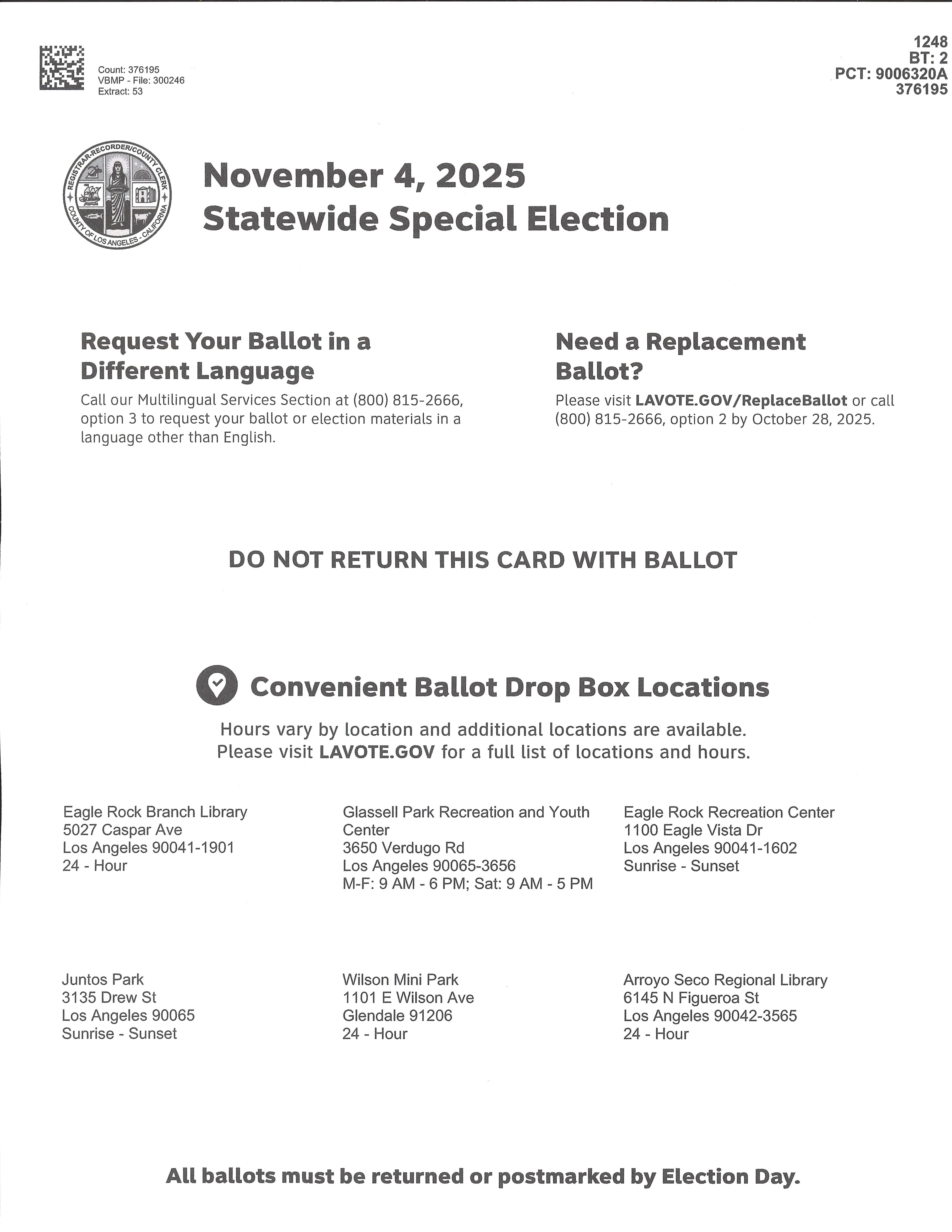 A page of a California election ballot mailing listing drop-off locations for Los Angeles County voters.