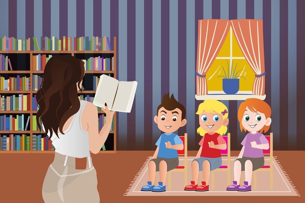 Read out, read, teacher, reading, lecture, to learn, a book, literature, children, listen to, sitting, woman, books, tea