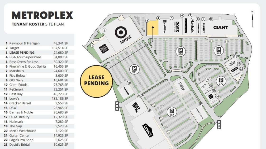 Shopping center site plan map showing store locations with a 'Lease Pending' label on one unit.