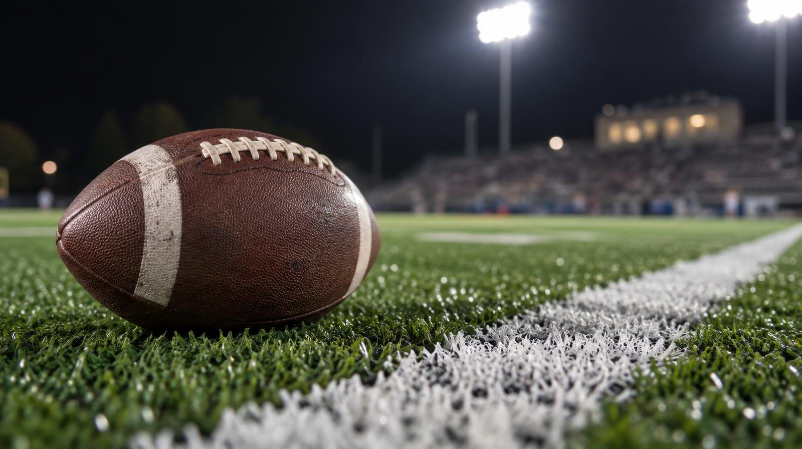An American football on green turf beside a white yard line under bright stadium lights.