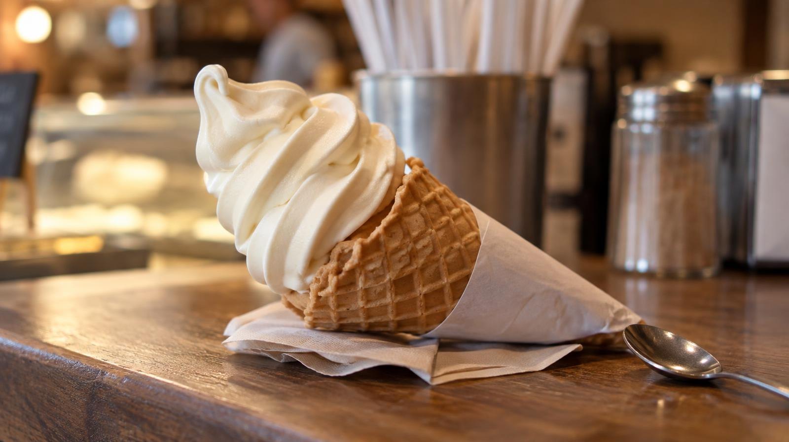 A swirl of frozen custard in a waffle cone on a wooden counter.