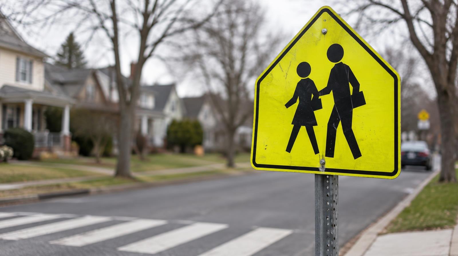 Yellow school zone pedestrian crossing sign beside a painted crosswalk on a street.