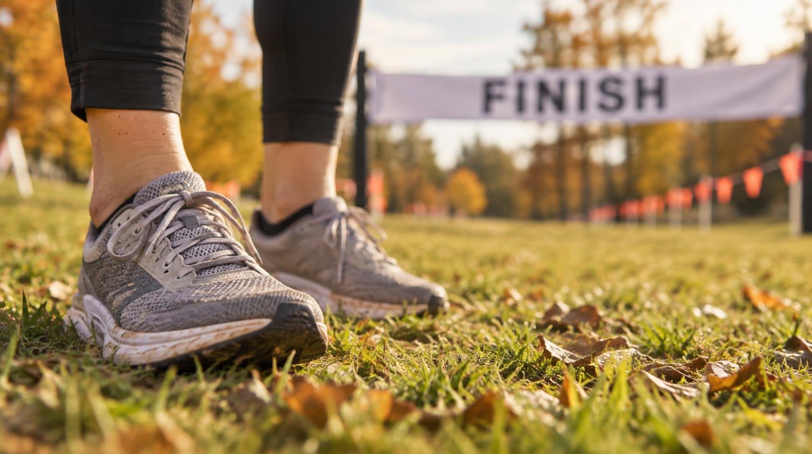 A pair of lightweight running shoes on a grassy course with a finish-line tape in the background.
