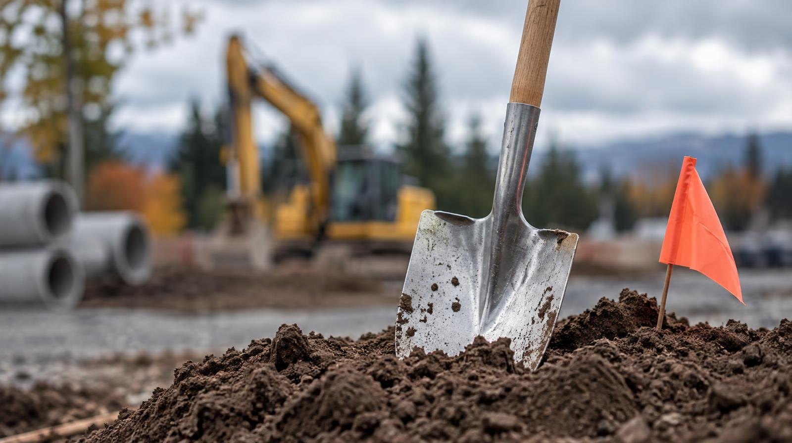A silver ceremonial shovel stands upright in a mound of fresh dirt.