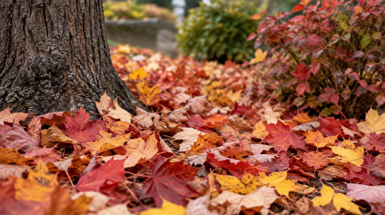 Colorful red, orange, and yellow fallen leaves covering the ground around a tree.