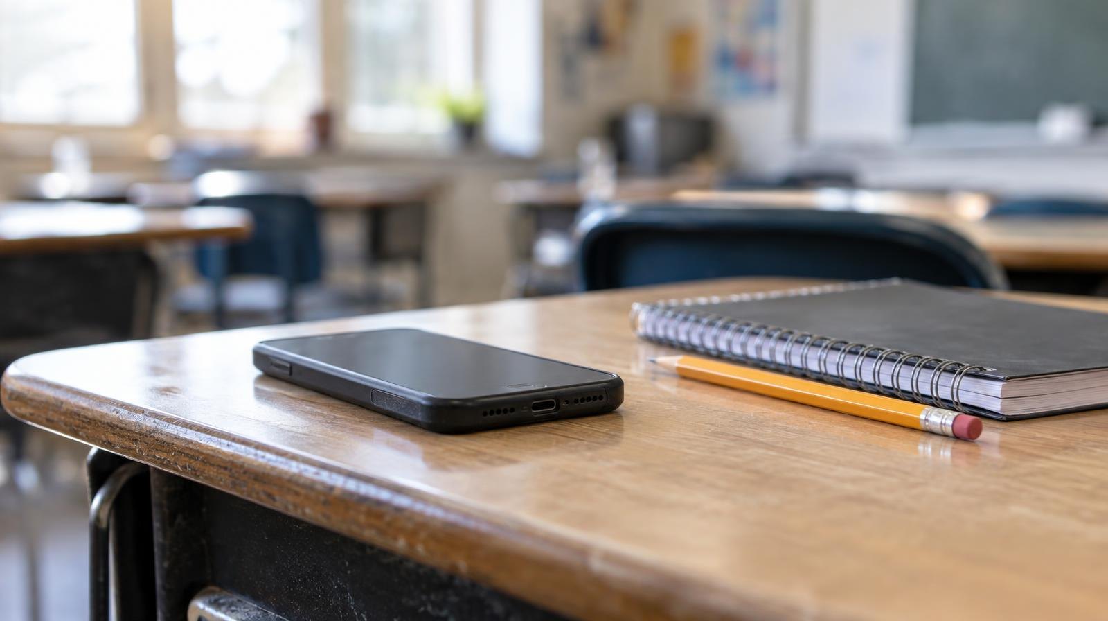 A smartphone face-down on a school desk next to a closed notebook and pencil.