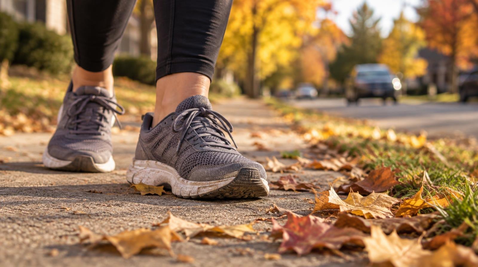 Athletic shoes on a sidewalk with autumn leaves scattered around them.
