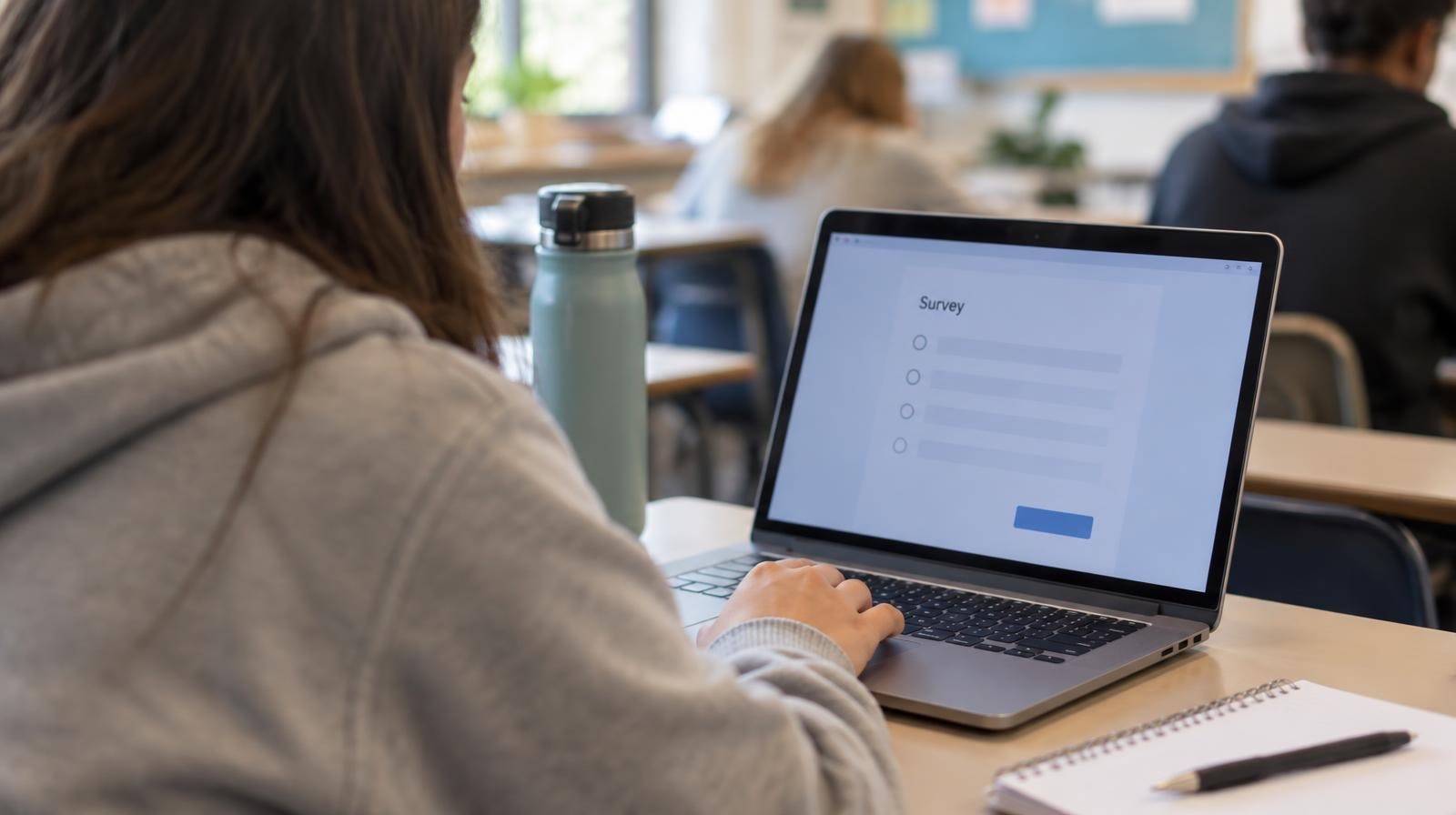 A student sits at a school desk with an open laptop in a sunlit classroom.