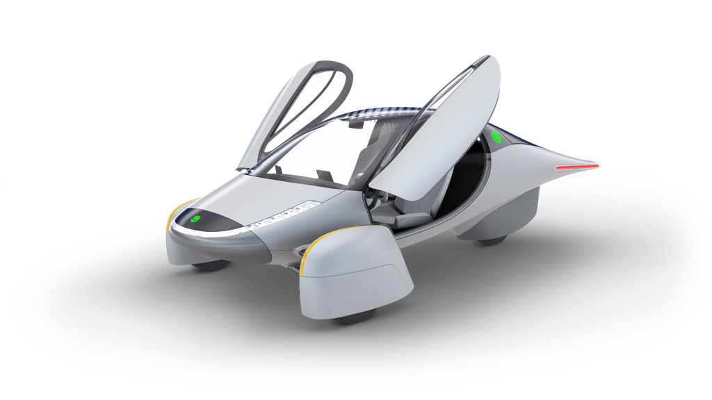 The Aptera Motors EV, a front side view rendering of 2019 body design with doors open.