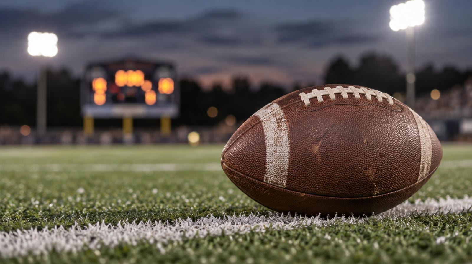 A brown leather football resting on a white yard line on green artificial turf.