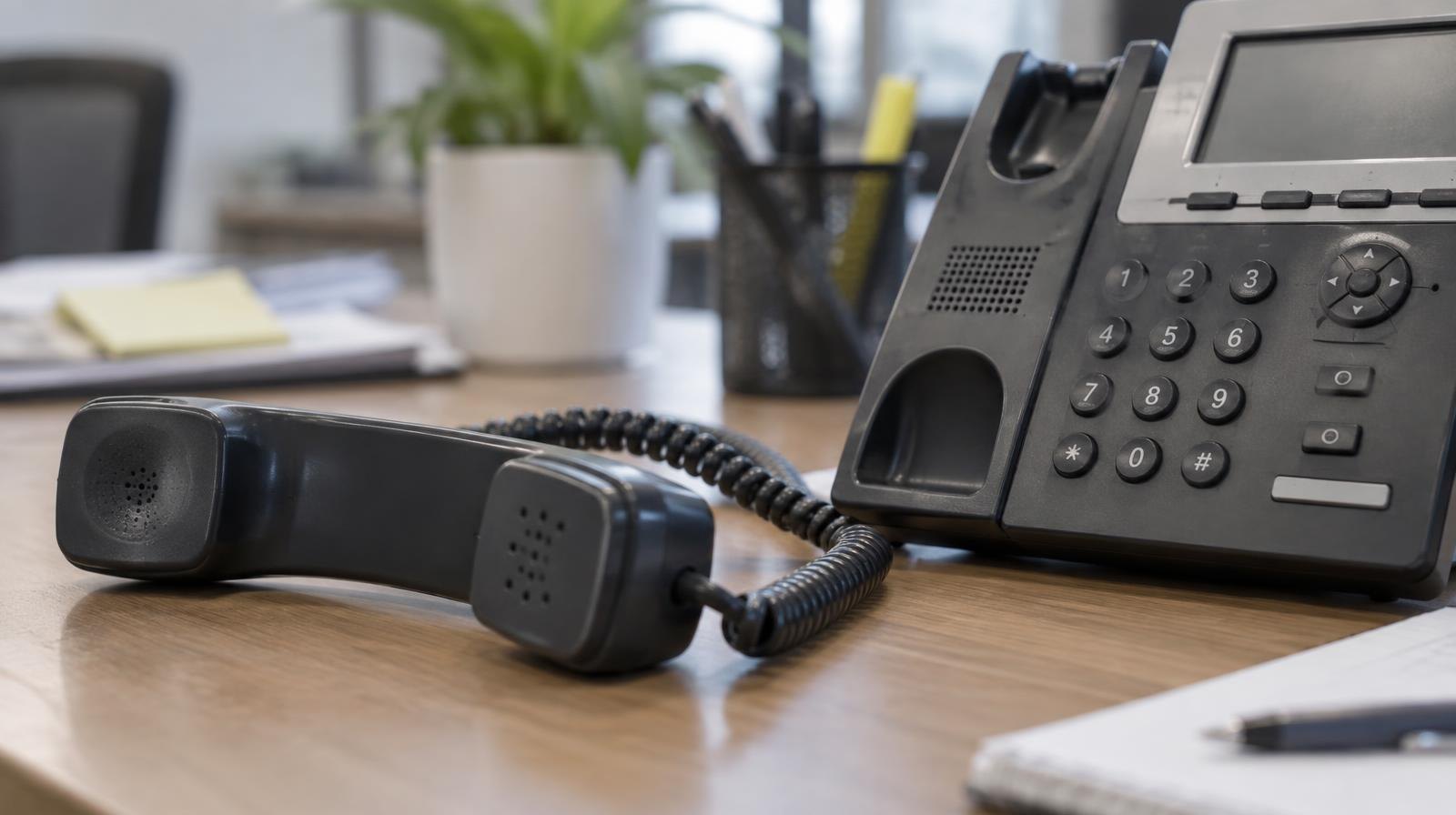A telephone handset lying off its cradle next to an office phone base.