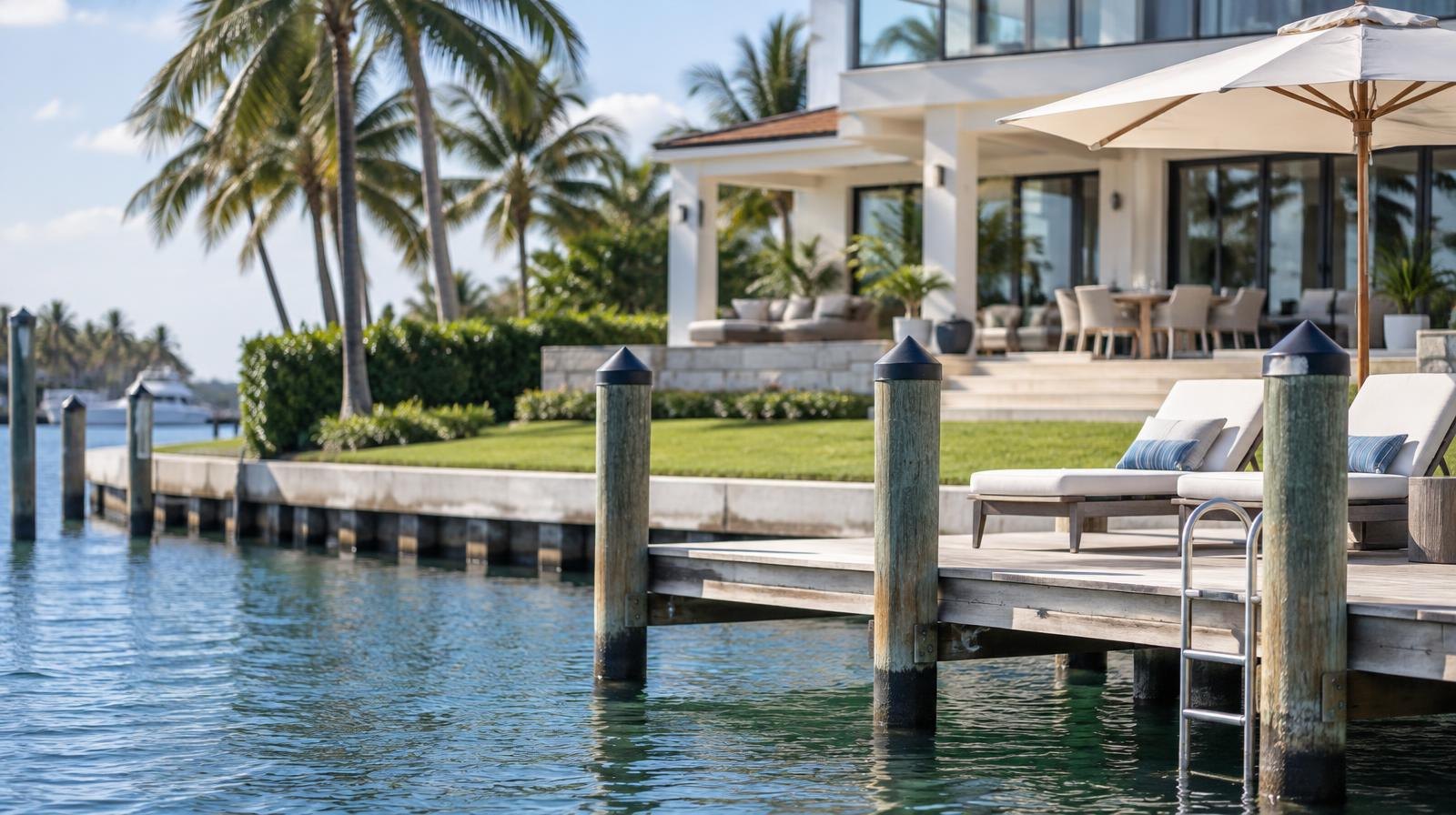 Large waterfront home with terrace, lawn, and private dock on calm water.