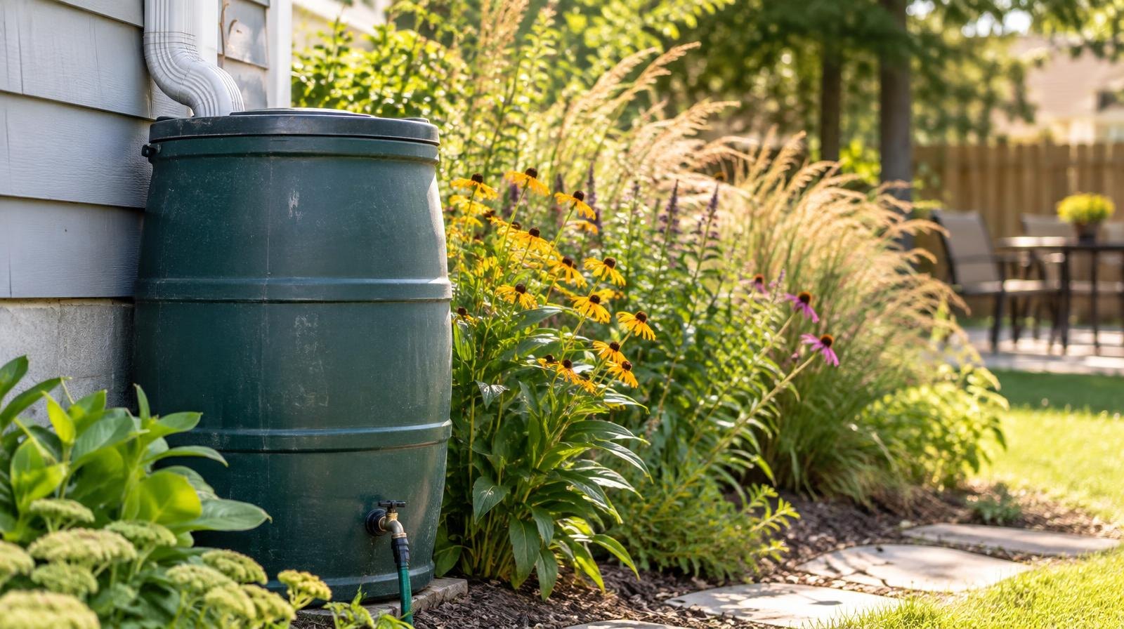 A rain barrel connected to a downspout beside a garden of wildflowers and ornamental grasses.