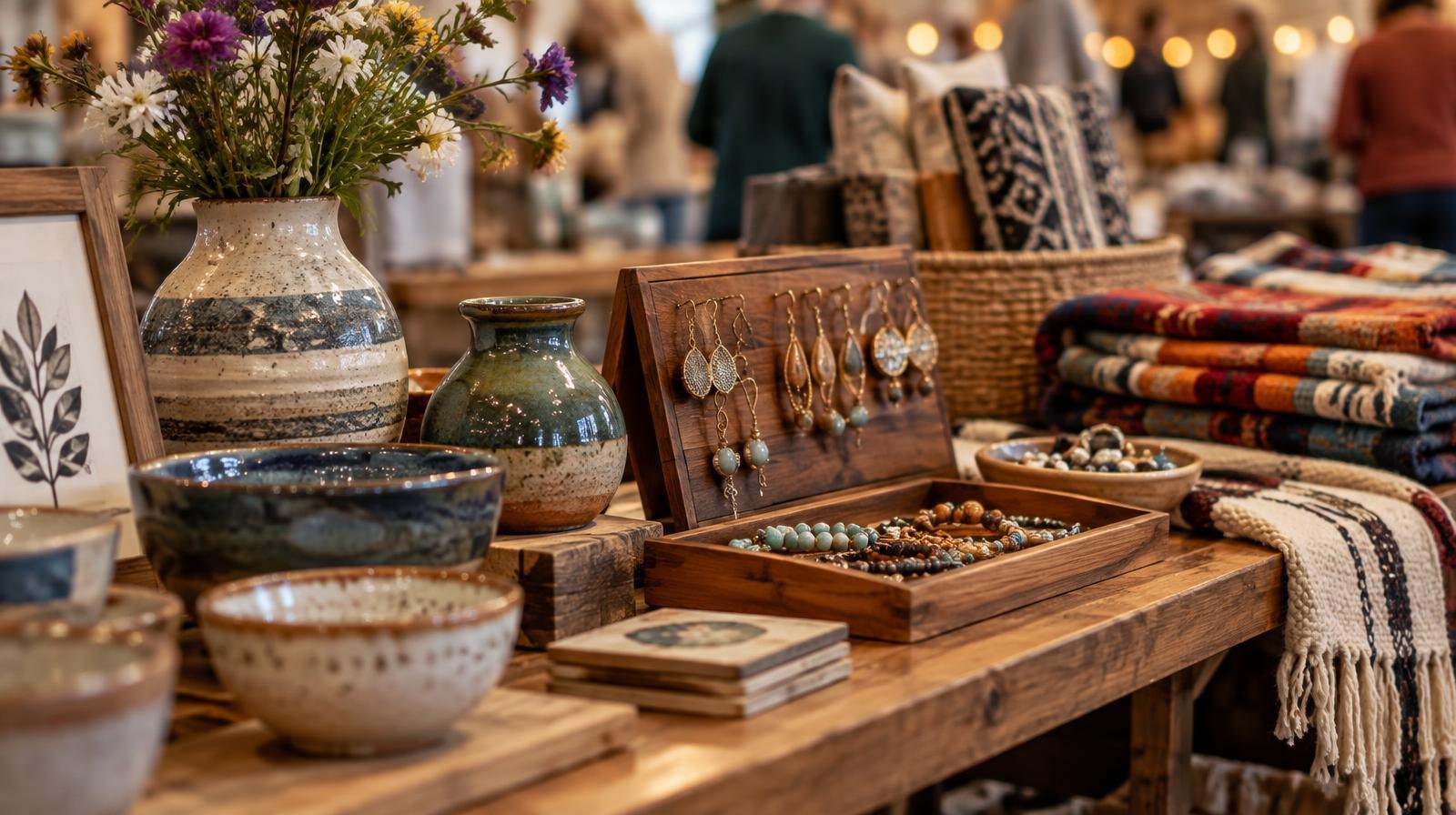 Colorful handmade pottery, jewelry, and textiles arranged on a wooden vendor table.