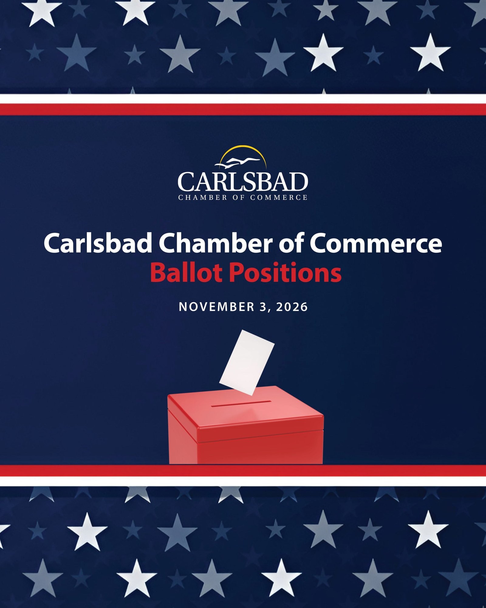 Promotional graphic for Carlsbad Chamber of Commerce ballot positions for November 3, 2026.