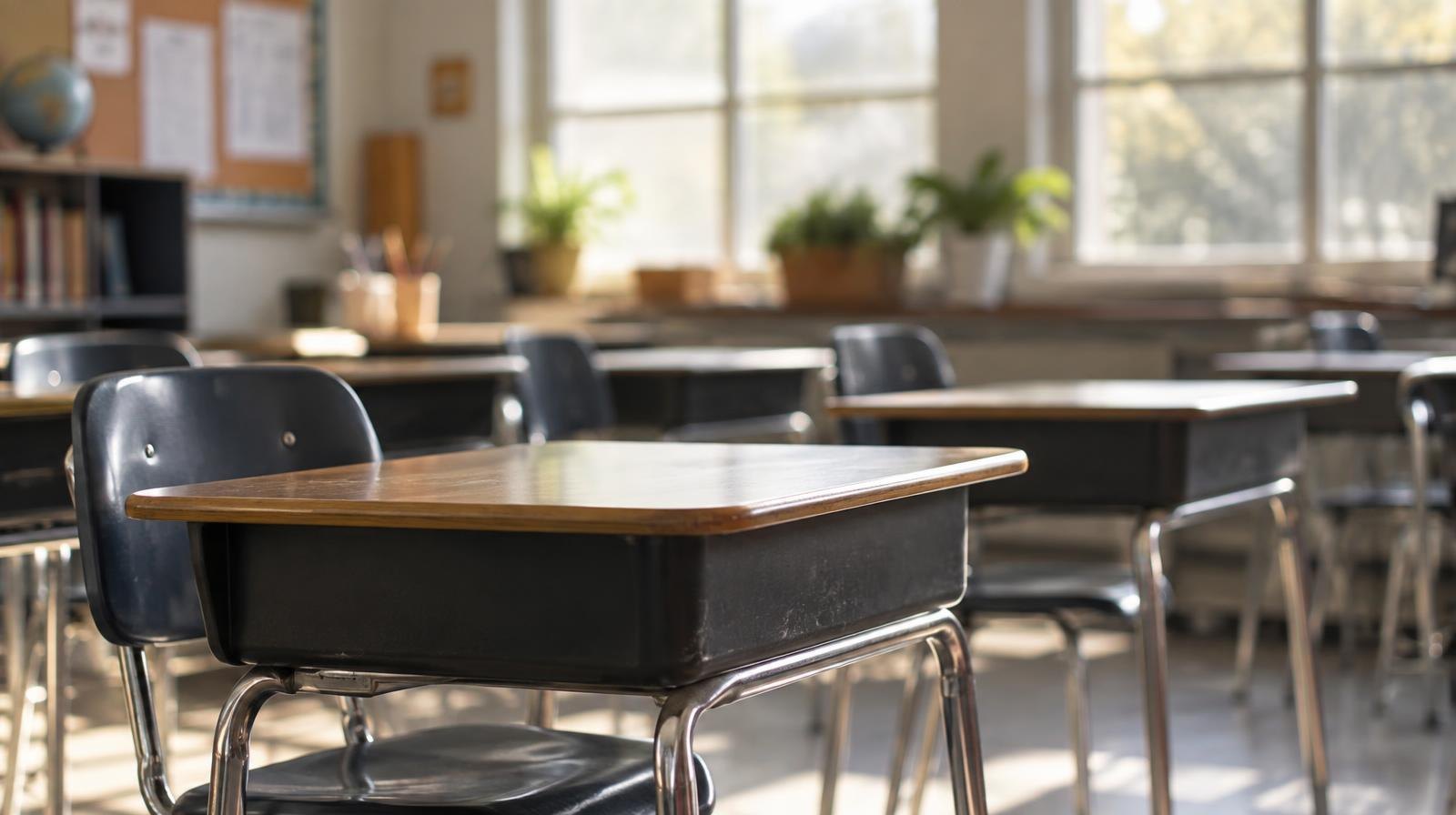 Rows of empty wooden student desks in a bright classroom with large windows.