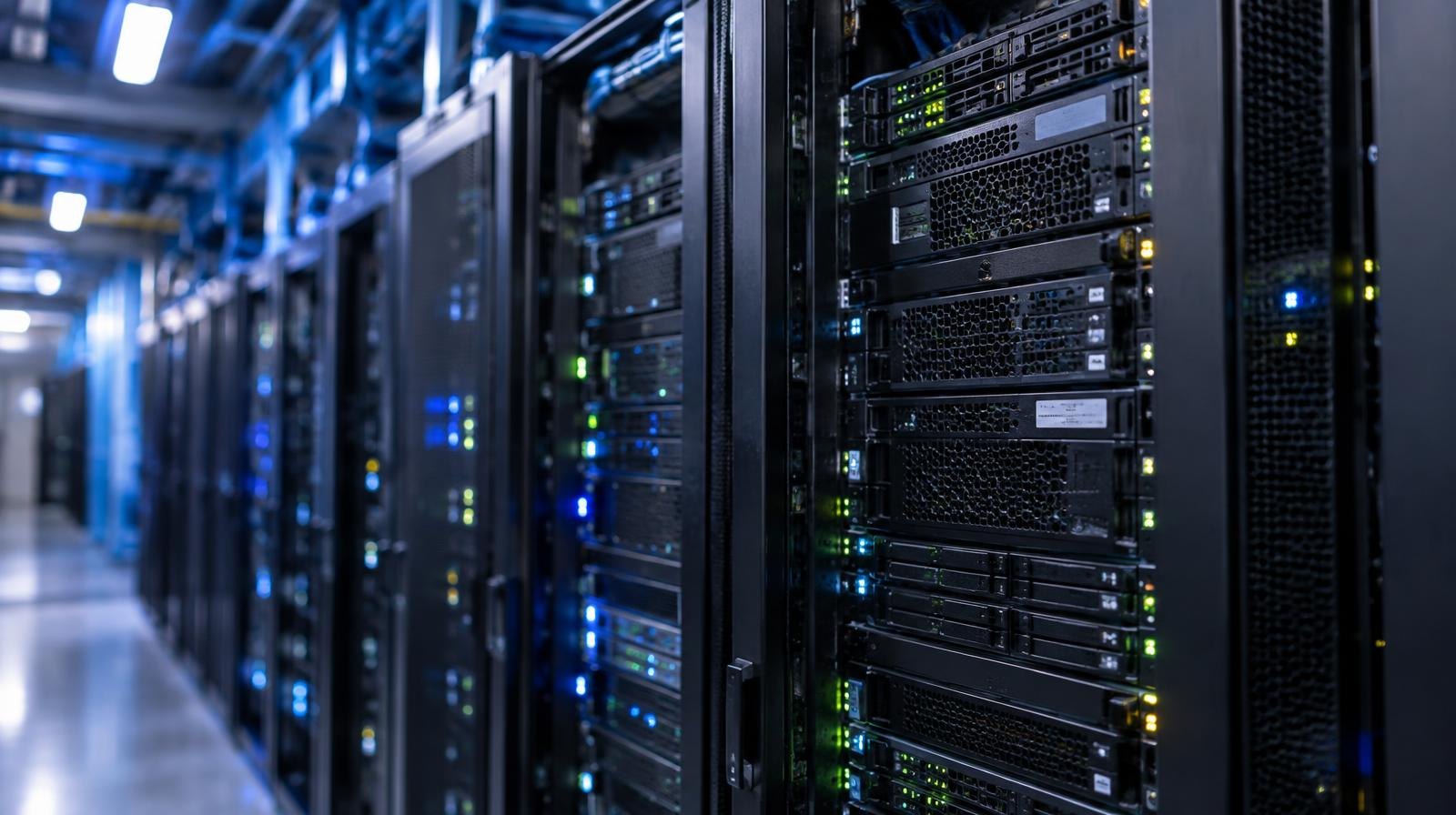 Rows of black server racks with blinking lights in a blue-lit data center.