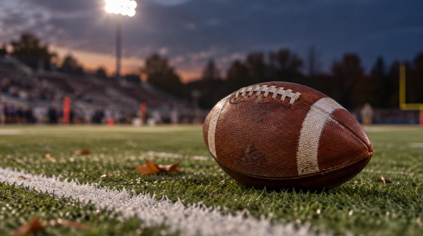 An American football sitting on green turf beside a white yard line with stadium lights in the background.
