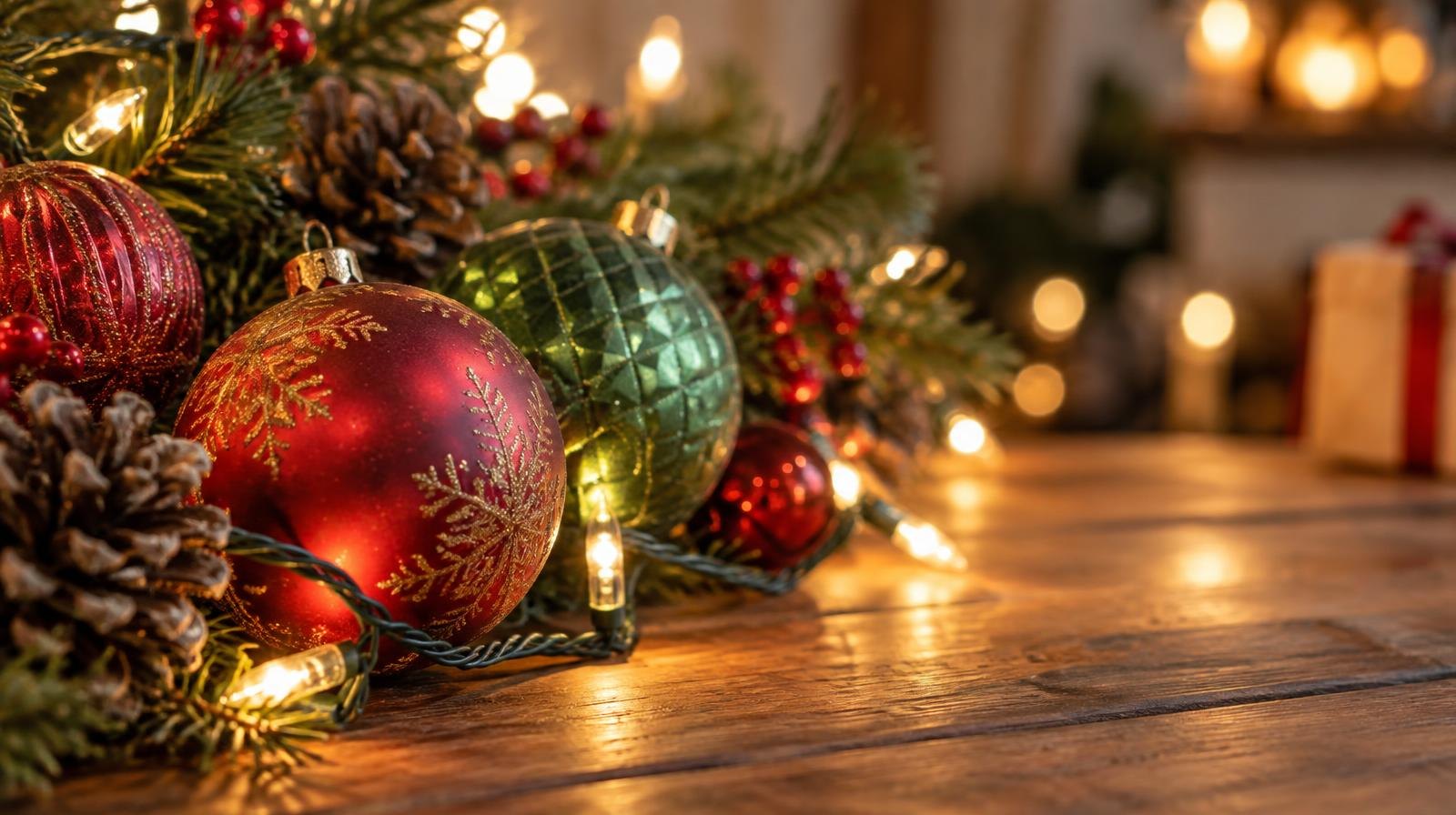 Warm white Christmas lights draped over red and green holiday ornaments on a wooden surface.