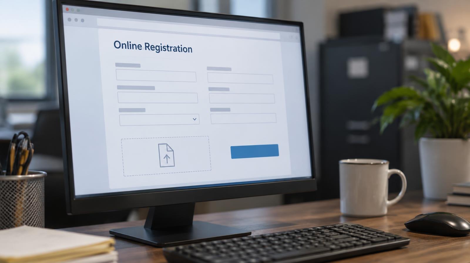 A computer monitor on a desk showing an online government registration form.