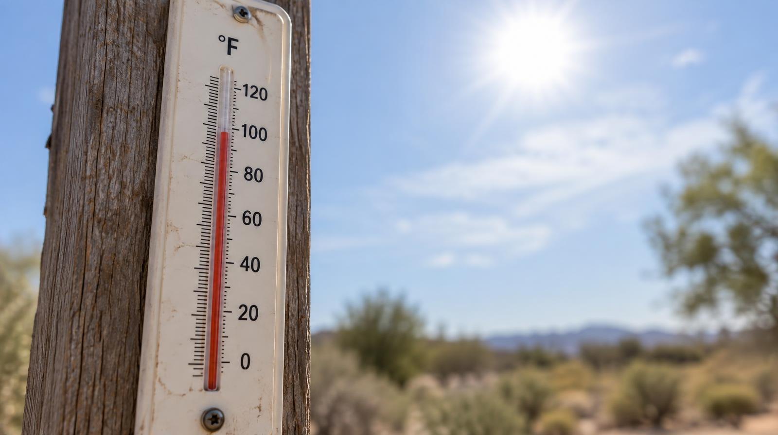 Outdoor thermometer on a wooden post showing high temperature under a sunny sky.
