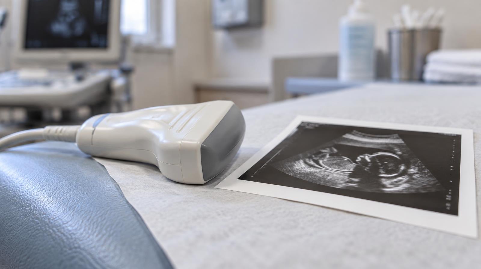 A medical ultrasound probe resting beside a printed sonogram on a table.