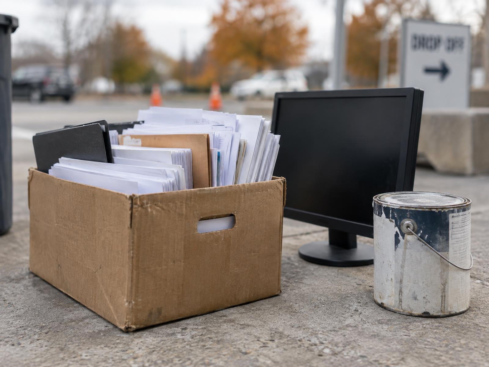 Cardboard box of papers, a flatscreen monitor, and a paint can outdoors.