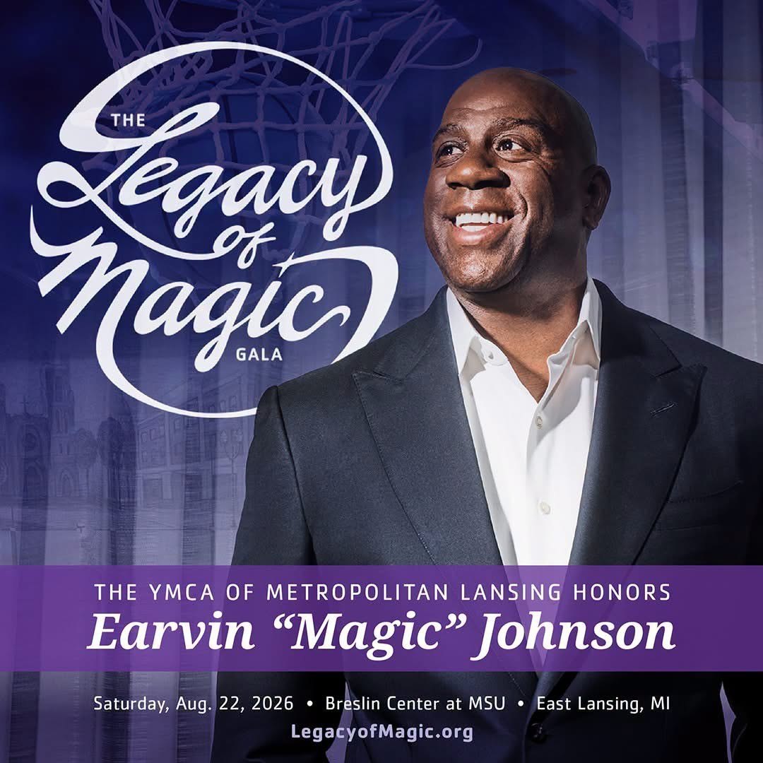 Event flyer for the Legacy of Magic Gala featuring a man in a dark suit on a purple background.