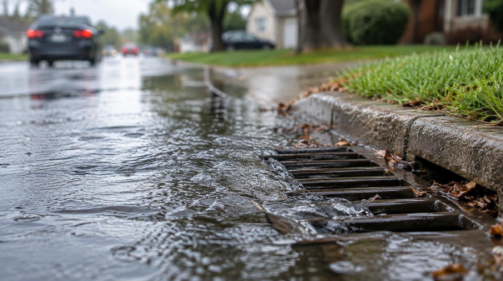 Water pooling on a wet residential street beside a curbside storm drain.