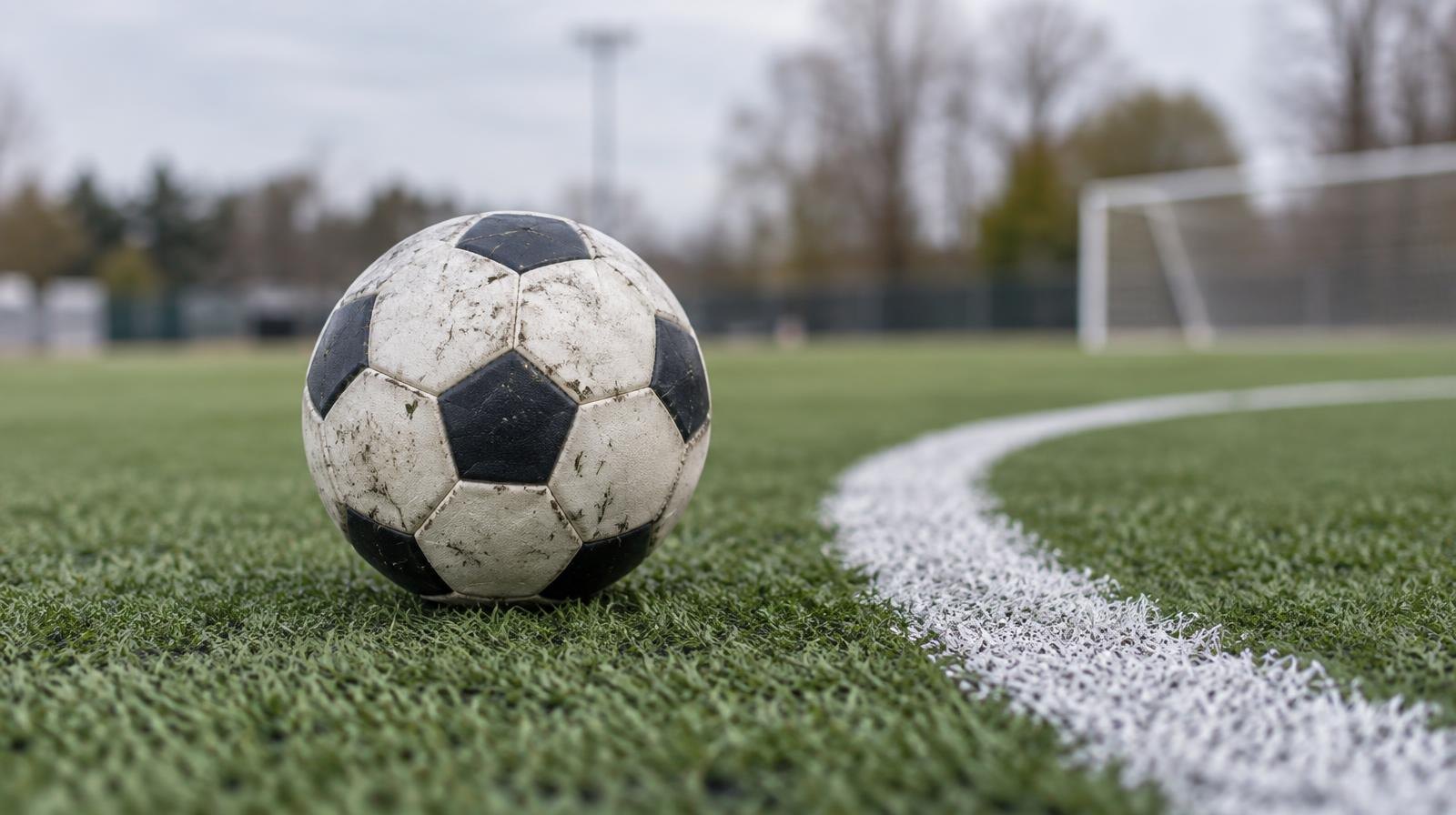 A soccer ball resting on green artificial turf near a white painted penalty arc.