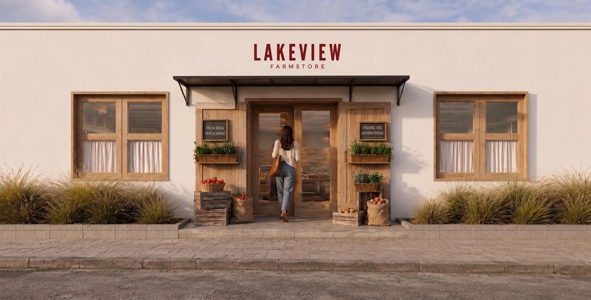 Architectural rendering of a white stucco storefront with a wooden entrance and farm store signage.