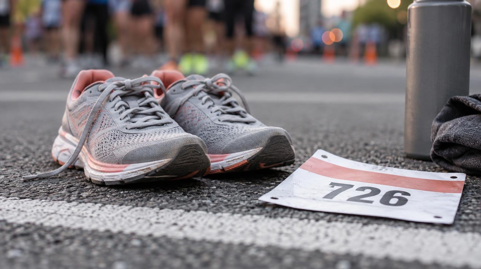 Women's running shoes on a painted starting line on asphalt.