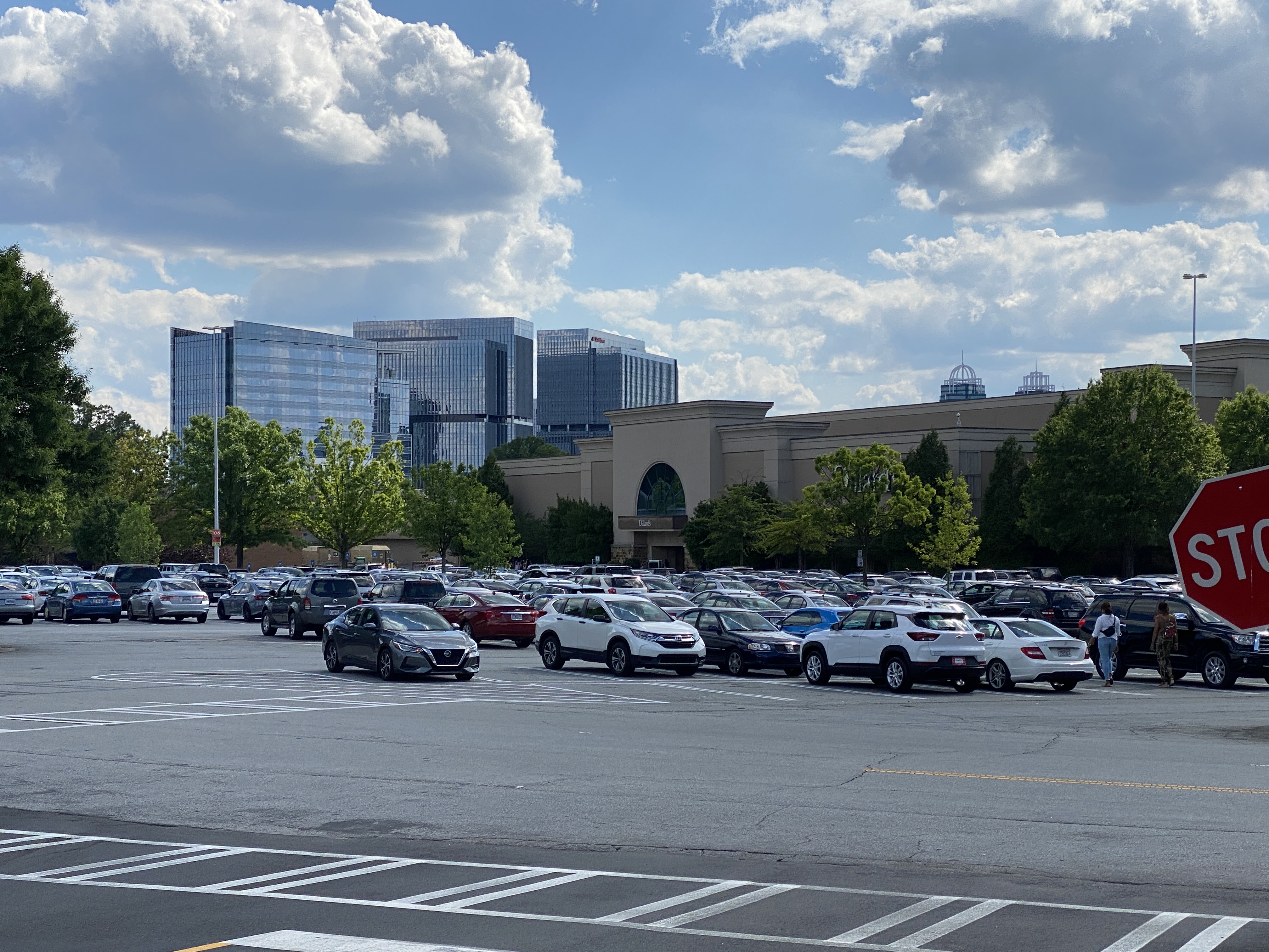 Parking lot and exterior facade of Perimeter Mall in Dunwoody, Georgia.