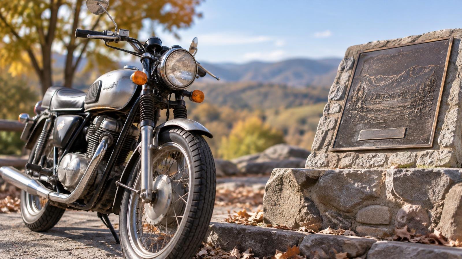 Vintage motorcycle parked next to a bronze plaque on a stone base outdoors.