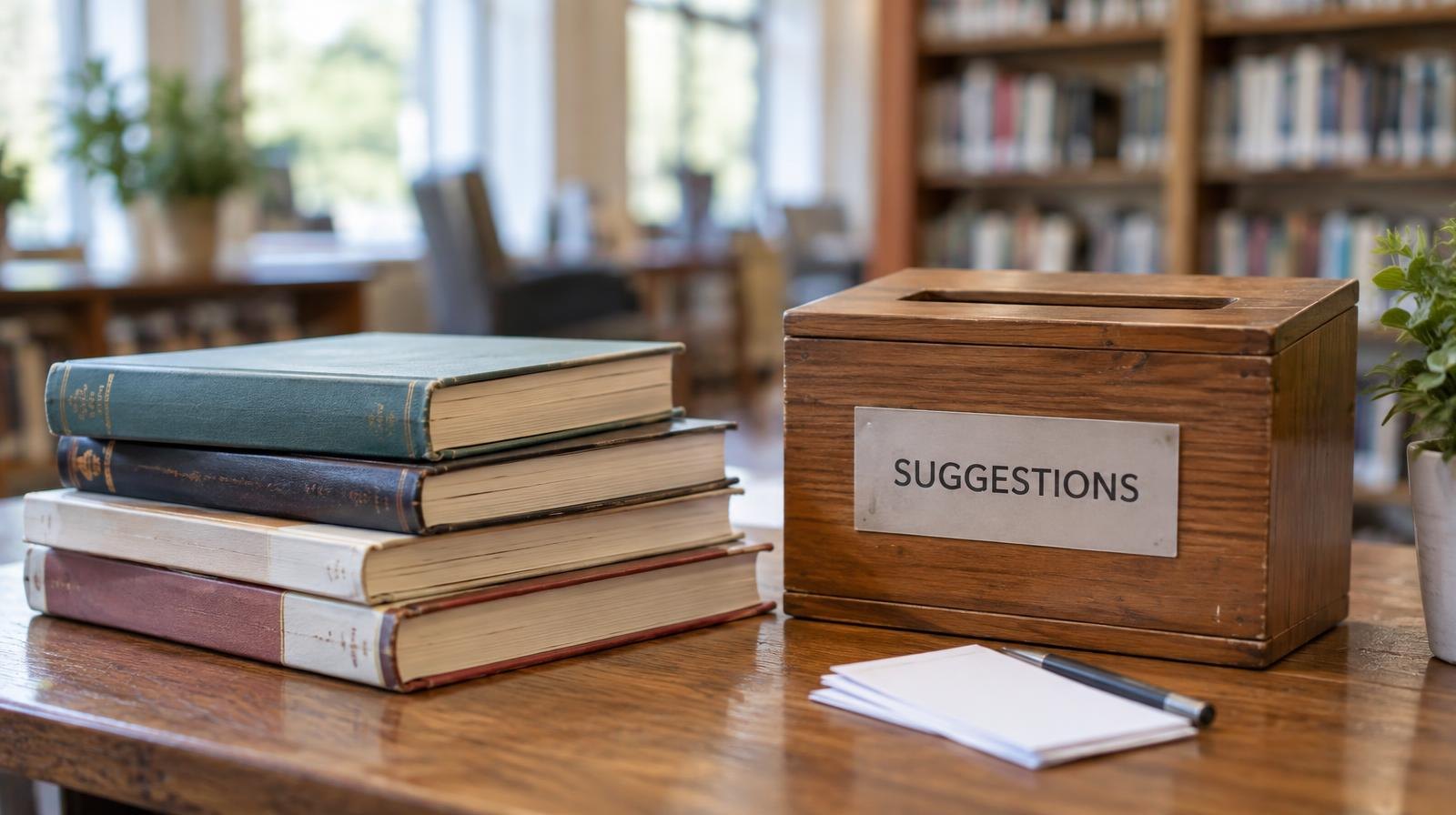 Stack of library books on a wooden table beside a suggestion box.