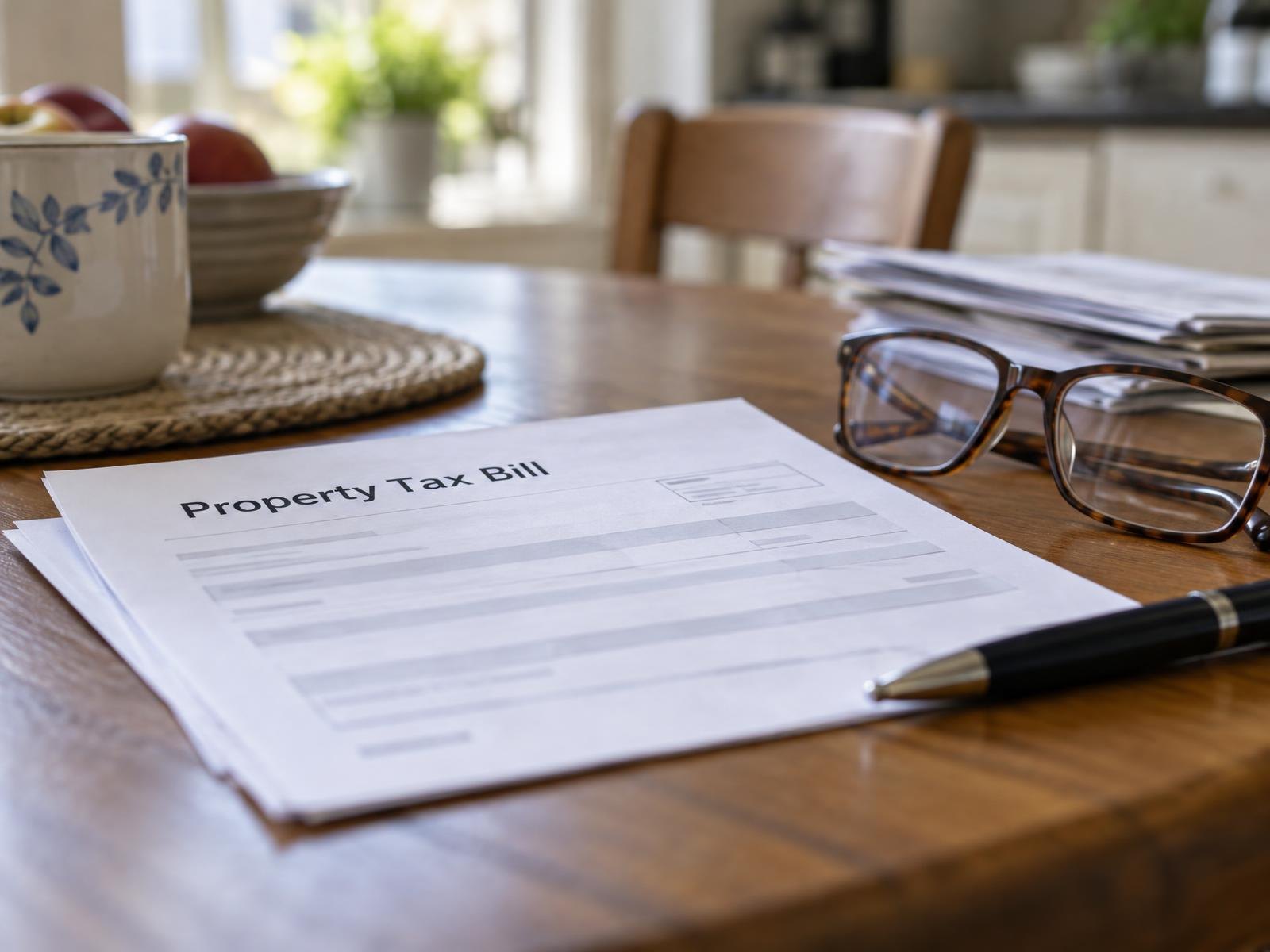 A paper tax bill on a table next to a pen and reading glasses.