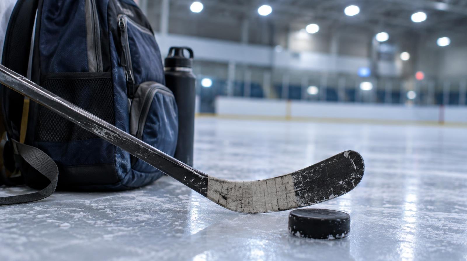Hockey stick and puck on an ice rink surface next to a school backpack.