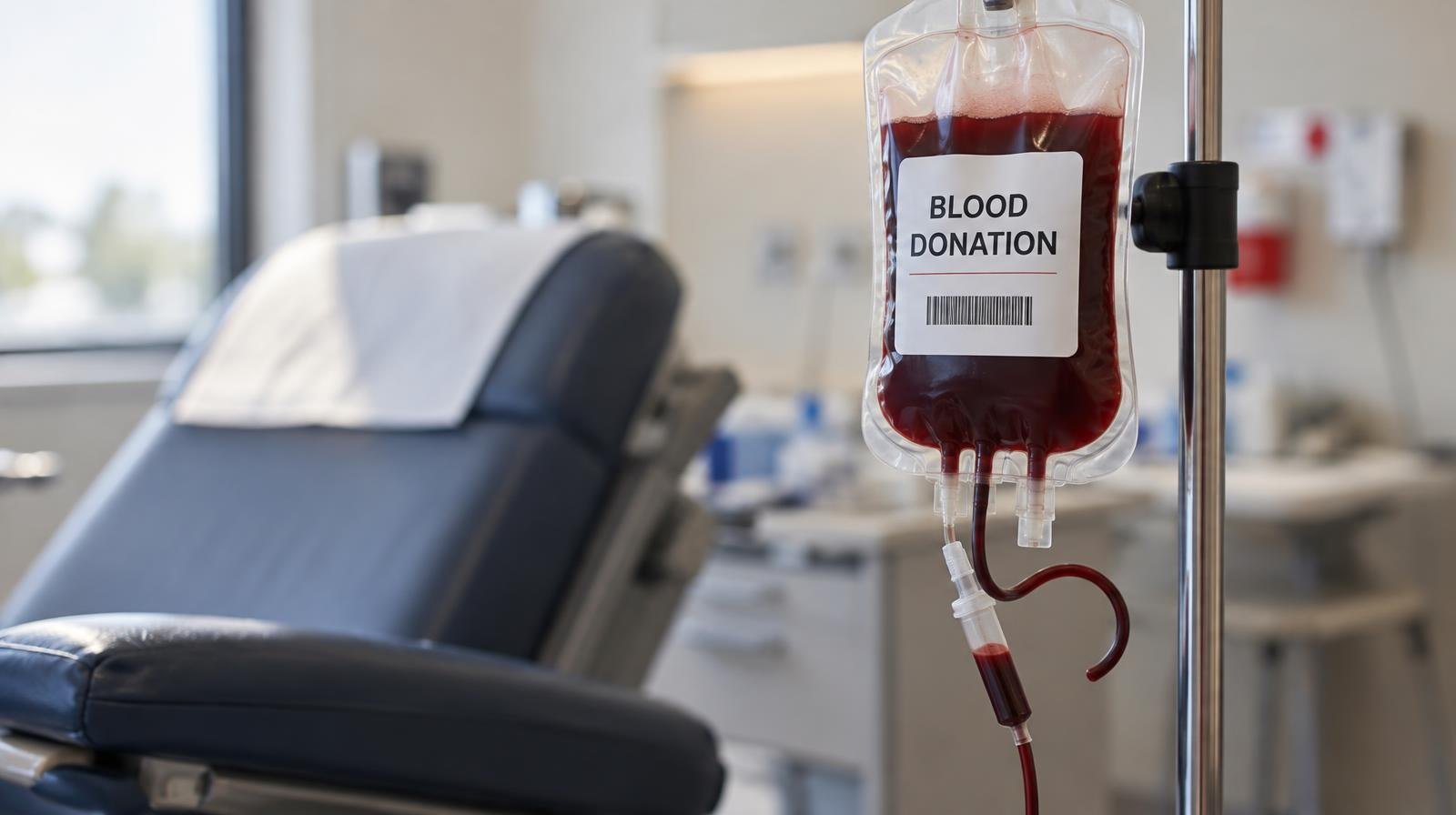 Red blood donation bag hanging from an IV stand next to a donor chair.