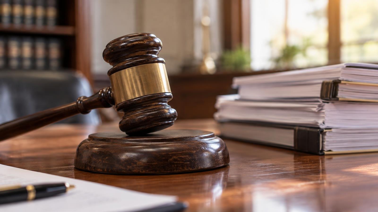 A wooden gavel on its sound block next to stacked papers on a desk.