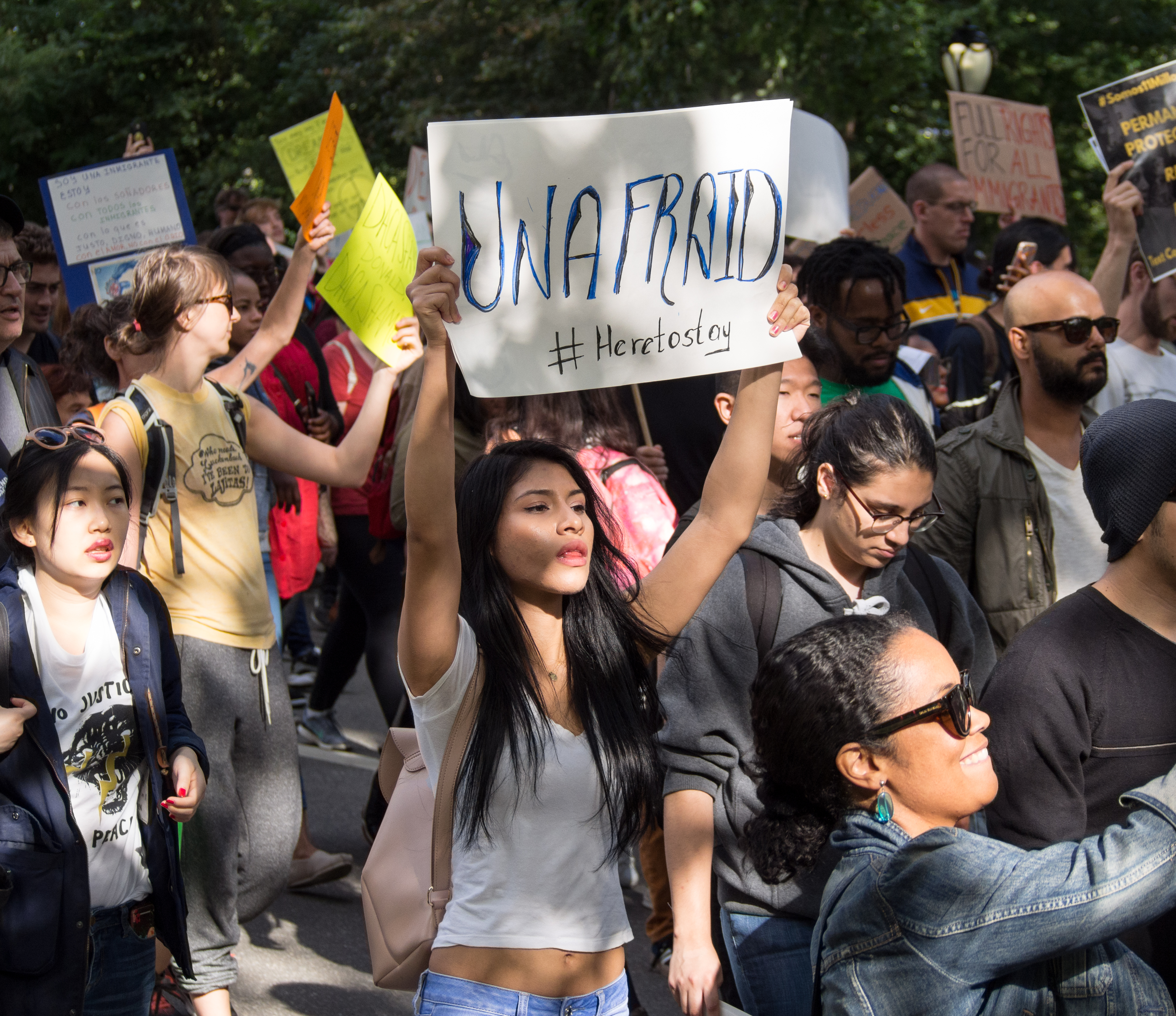 Protester holding a sign reading 'UNAFRAID #HereToStay' at an outdoor march.