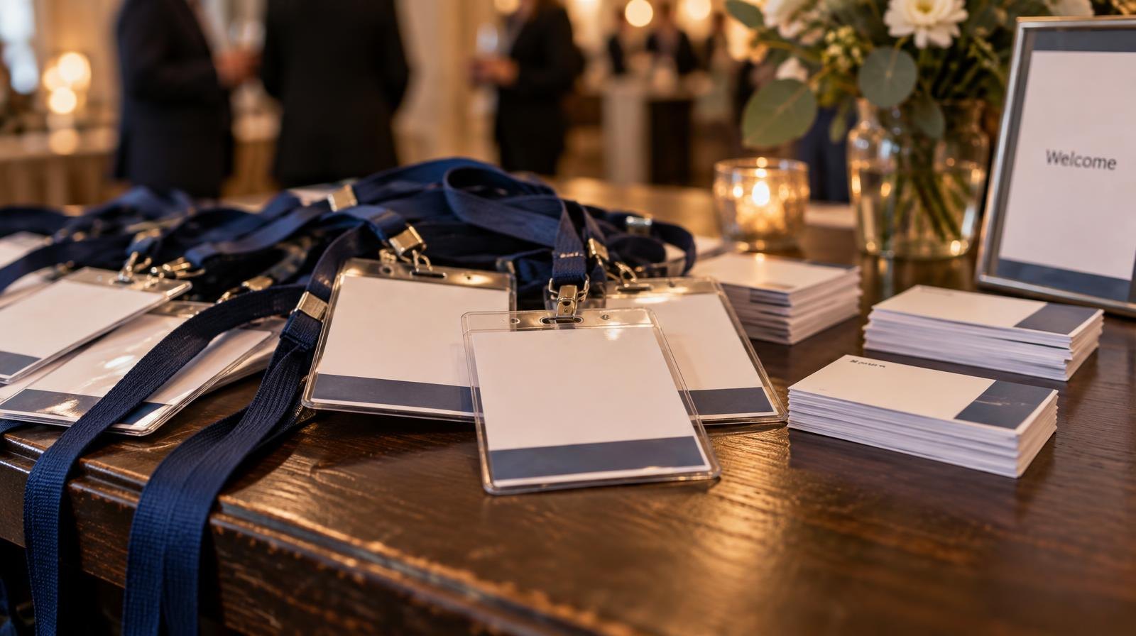 Name-badge lanyards and business cards arranged on a table.