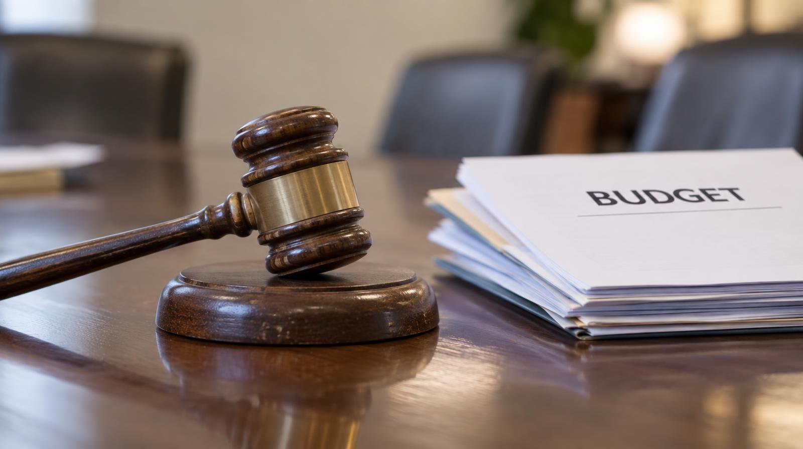 Wooden gavel resting on its sound block on a polished table.