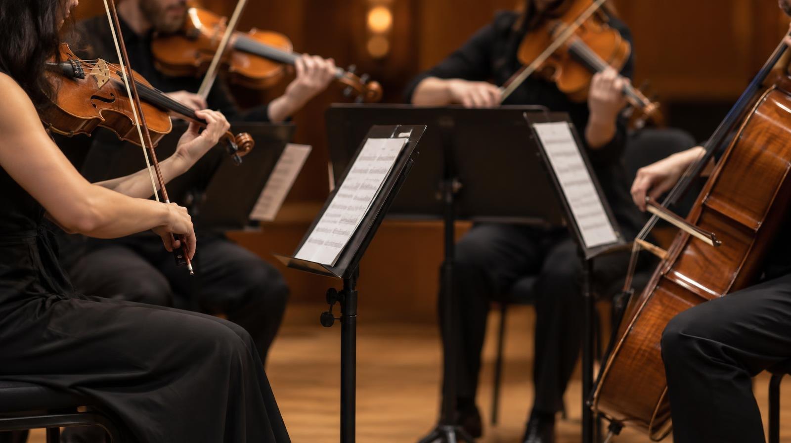 Four string instruments and music stands arranged under warm stage lighting.