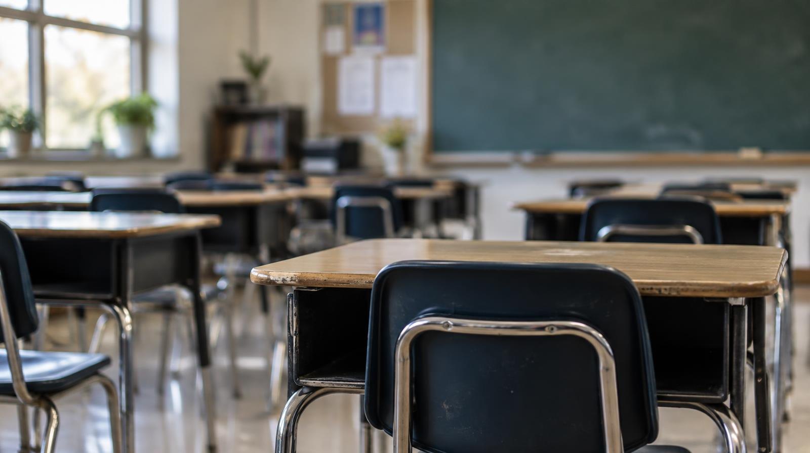 Rows of empty student desks in a classroom with a chalkboard at the front.