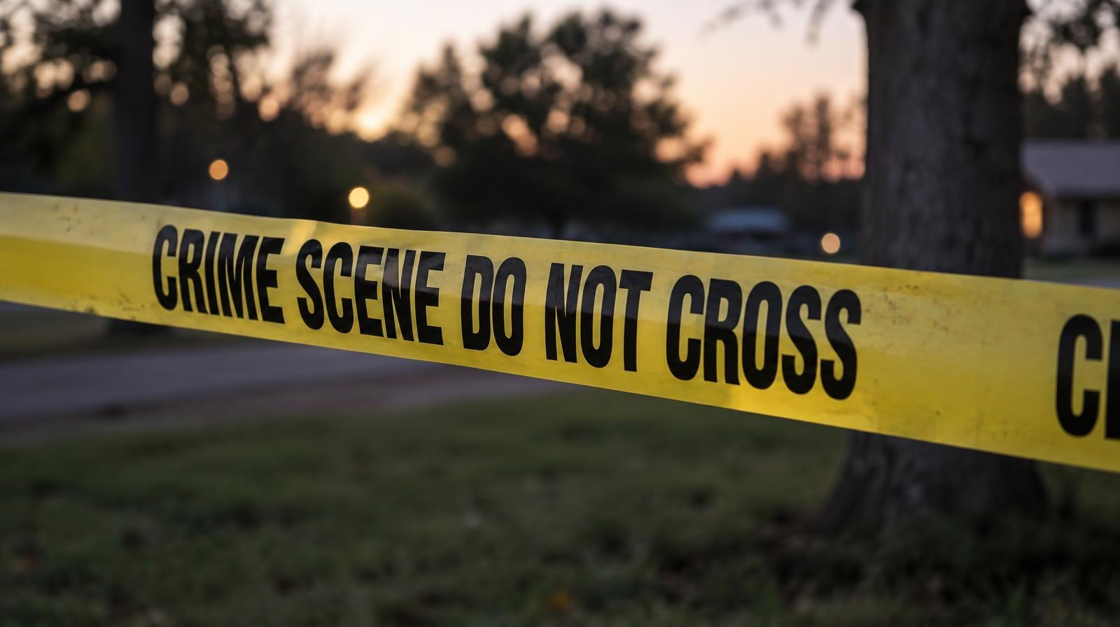 Yellow police crime scene tape across an outdoor area with trees and grass in the background.
