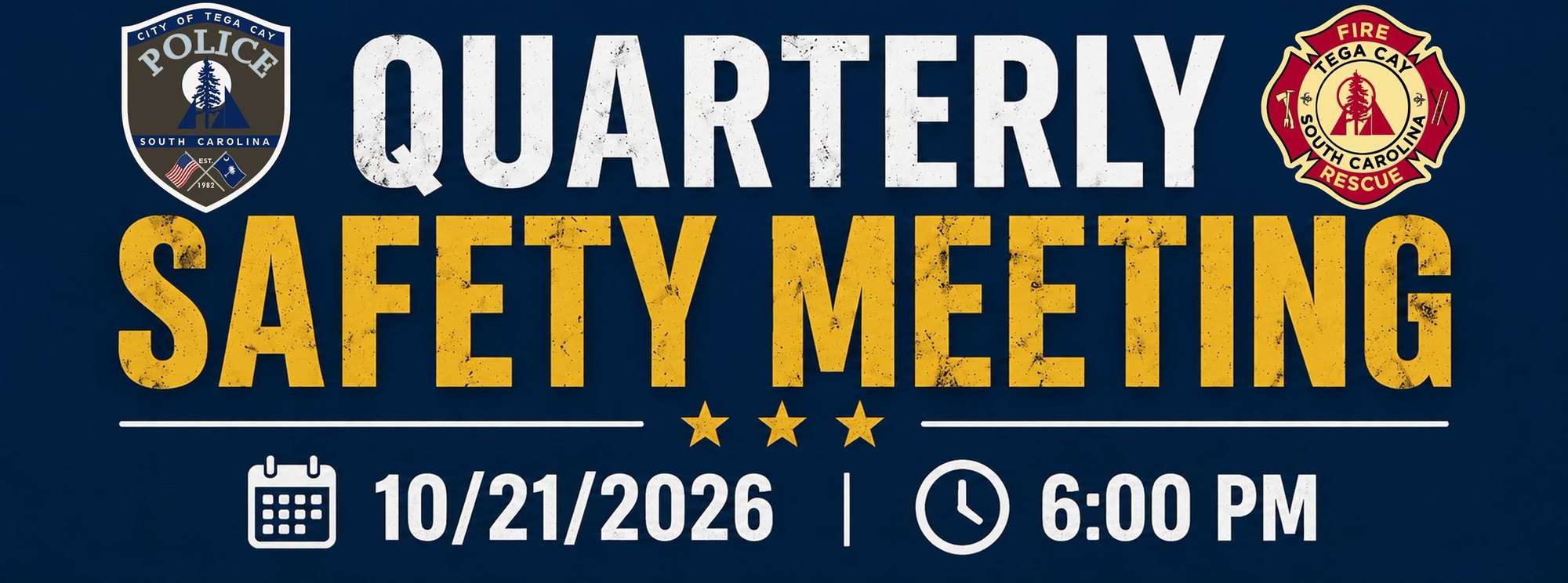 Event flyer showing police and fire department emblems for a quarterly safety meeting.