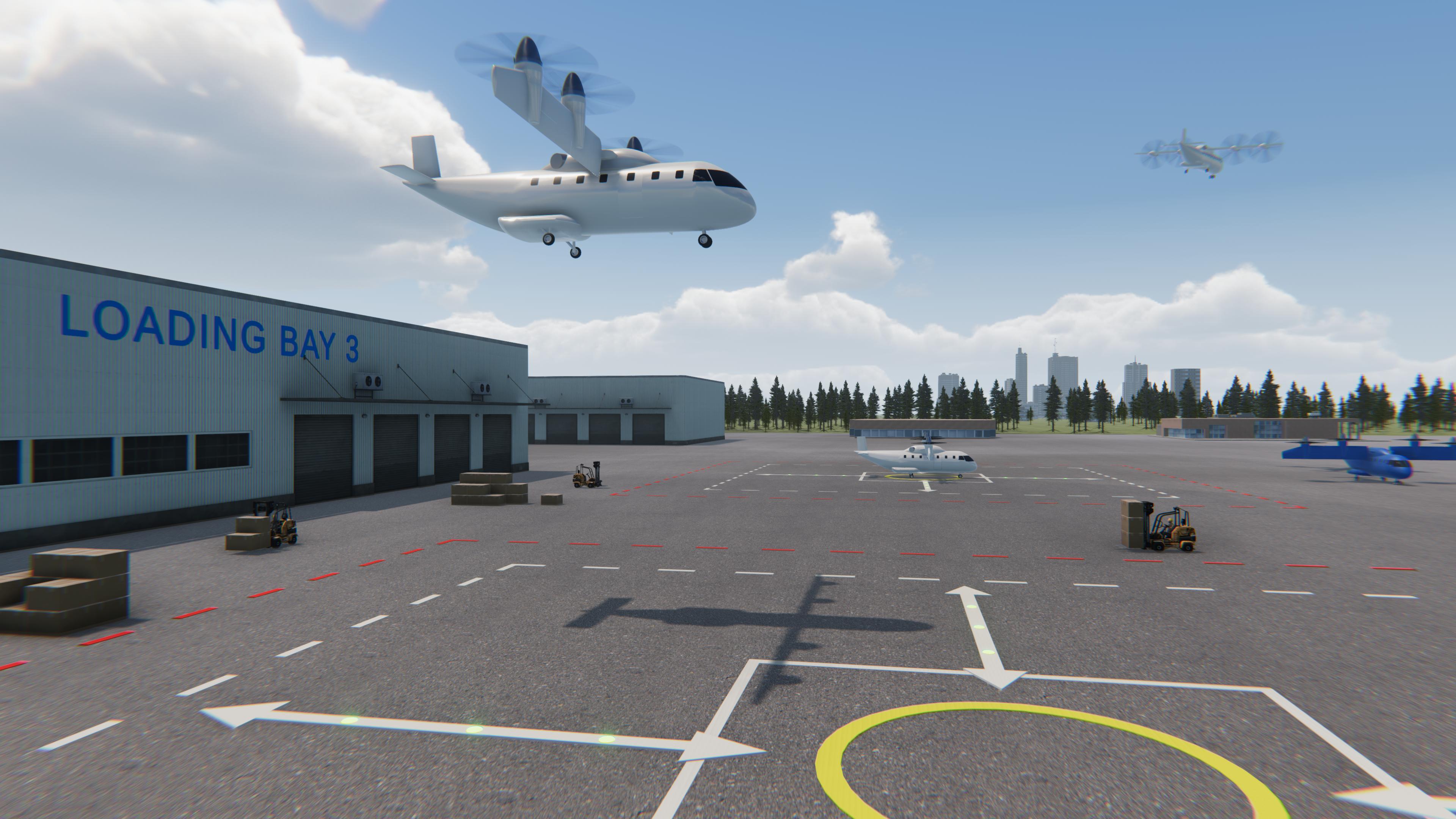 Concept illustration of a drone delivery facility with large and small aircraft above a tarmac.